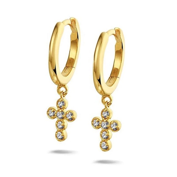 18k Gold Plated Cubic Zirconia Cross Pendant Hoop Earrings - Picture 5 of 8